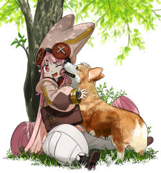 Rule 34 | bag, baggy pants, boots, dog, fate/grand order, fate (series), grass, habetrot (fate), hat, highres, hirai yukio, licking, licking another&#039;s face, long hair, one eye closed, pants, pink hair, pointy ears, sitting, tree, welsh corgi