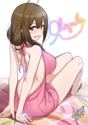 Rule 34 | 1girl, ahoge, aogiri penta, arm support, arms behind back, back, backless dress, backless outfit, bare back, bare shoulders, blush, braid, braided ponytail, breasts, brown eyes, brown hair, character signature, dated, dress, from behind, hair over shoulder, idolmaster, idolmaster shiny colors, knees up, kuwayama chiyuki, large breasts, long hair, looking at viewer, looking back, meme attire, naked sweater, on bed, open mouth, pink sweater, shy, signature, simple background, single braid, sitting, smile, solo, sweater, sweater dress, turtleneck, turtleneck sweater, virgin killer sweater, white background