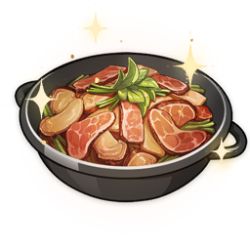 Rule 34 | artist request, commentary, english commentary, food, food focus, game cg, garnish, genshin impact, leaf, lowres, meat, no humans, official art, pot, simple background, sparkle, still life, third-party source, transparent background
