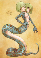 Rule 34 | 2girls, character name, character request, commentary request, conjoined, cryptid, fingernails, flat chest, forked tongue, full body, green hair, hand on own hip, highres, lamia, looking at viewer, monster girl, multiple girls, multiple heads, original, sharp fingernails, slit pupils, smile, tongue, tongue out, unno hotaru, yellow eyes