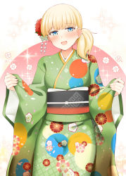 Rule 34 | 1girl, :d, blonde hair, blue eyes, blush, commentary request, floral print, green kimono, japanese clothes, kantai collection, kimono, long sleeves, obi, one side up, open mouth, print kimono, revision, rui shi (rayze ray), sash, shin&#039;you (kancolle), short hair, smile, solo, sparkle, wide sleeves