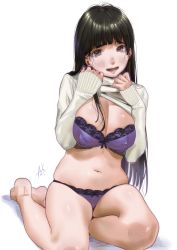 Rule 34 | 1girl, bad id, bad pixiv id, bare legs, barefoot, black hair, blunt bangs, blush, bra, breasts, brown eyes, clothes lift, commentary request, hands on own chest, kamiyama aya, large breasts, lifted by self, long hair, long sleeves, looking at viewer, navel, no pants, open mouth, original, panties, purple bra, purple panties, simple background, sitting, smile, solo, stomach, sweater, sweater lift, underwear, very long hair, white background, white sweater
