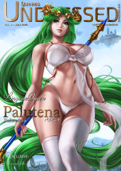 Rule 34 | 1girl, 2019, absurdly long hair, arms at sides, artist name, blue sky, bra, bracelet, breasts, character name, cleavage, cloud, cover, dandon fuga, dated, day, english text, green eyes, green hair, heart, highres, holding, holding staff, jewelry, kid icarus, kid icarus uprising, large breasts, legs, long hair, looking to the side, magazine cover, matching hair/eyes, navel, nintendo, palutena, panties, parted lips, skindentation, sky, solo, staff, standing, stomach, thighhighs, thighs, thong, tiara, toned, underwear, very long hair, white panties, white thighhighs