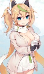Rule 34 | 1girl, ^^^, bad id, bad pixiv id, black gloves, blonde hair, blush, breasts, cardigan, cleavage, closed mouth, coffee cup, covered navel, cowboy shot, cup, disposable cup, dress, gene (pso2), gloves, green hair, hair between eyes, hair ornament, headgear, heart, holding, large breasts, long hair, long sleeves, looking at viewer, multicolored hair, muryotaro, phantasy star, phantasy star online 2, scarf, short dress, sleeveless, sleeveless dress, smile, solo, spaghetti strap, star (symbol), steam, streaked hair, twintails, unbuttoned, white dress, white scarf, x hair ornament