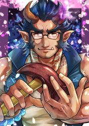 Rule 34 | 1boy, absurdres, bara, beard, black-framed eyewear, blue hair, broken horn, cherry blossoms, dark blue hair, demon boy, demon horns, facial hair, fang, fiery horns, glasses, hammer, highres, holding, holding hammer, horns, huge filesize, jewelry, kageru (mofnyan), long sideburns, looking at viewer, male focus, mature male, muscular, muscular male, necklace, pectorals, petals, portrait, red eyes, short hair, sideburns, solo, stubble, takemaru (housamo), thick eyebrows, tokyo houkago summoners, upper body