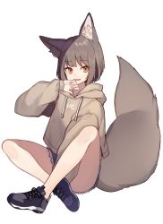 Rule 34 | 1girl, animal ear fluff, animal ears, bare legs, black footwear, brown eyes, brown hair, commentary request, cutoffs, denim, denim shorts, drawstring, fang, fox ears, fox girl, fox tail, hood, hood down, hoodie, indian style, long sleeves, looking at viewer, open mouth, original, shoes, short hair, short shorts, shorts, shugao, simple background, sitting, smile, sneakers, solo, tail, tail raised, thighs, white background