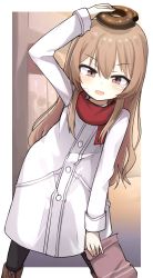 Rule 34 | 1girl, absurdres, aisaka taiga, arm up, black legwear, blush, border, brown eyes, brown hair, coat, d.m.sea, doughnut, food, hair between eyes, highres, holding, holding food, long sleeves, open mouth, outside border, partially translated, red scarf, scarf, smile, toradora!, translation request, white border, white coat