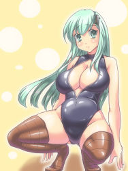 Rule 34 | 10s, 1girl, aqua eyes, aqua hair, breasts, brown thighhighs, cleavage, cleavage cutout, clothing cutout, competition swimsuit, easily, female focus, front zipper swimsuit, hair ornament, hairclip, highres, kantai collection, large breasts, lips, long hair, meme attire, one-piece swimsuit, smile, solo, squatting, suzuya (kancolle), swimsuit, thighhighs, unzipped