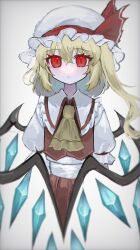 Rule 34 | 1girl, aorin oekaki, ascot, blonde hair, bow, collar, cropped torso, crystal wings, flandre scarlet, frilled shirt collar, frills, hat, hat bow, highres, looking at viewer, mob cap, one side up, pale skin, puffy short sleeves, puffy sleeves, red bow, red eyes, red skirt, red vest, shirt, short hair, short sleeves, simple background, skirt, solo, touhou, upper body, vest, white background, white collar, white hat, white shirt, yellow ascot