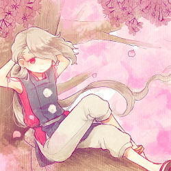 Rule 34 | 10s, 1boy, arms behind head, cherry blossoms, hair over one eye, ima-no-tsurugi, in tree, japanese clothes, kurosuke (hipparu), crossed legs, male focus, personification, petals, red eyes, smile, solo, touken ranbu, tree, white hair