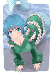 Rule 34 | 1girl, blue eyes, blue hair, blush, breasts, chups, cleavage, collarbone, commentary request, fins, full body, head fins, highres, japanese clothes, kimono, large breasts, long sleeves, looking at viewer, mermaid, monster girl, nail polish, sash, shadow, short hair, solo, touhou, wakasagihime, wide sleeves