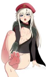 Rule 34 | 1girl, ak74m (girls&#039; frontline), bare legs, barefoot, beret, black jacket, blonde hair, blue eyes, blurry, blurry background, breasts, cape, feet, feet out of frame, foot focus, foot up, girls&#039; frontline, gloves, green cape, green gloves, hair ornament, hairclip, hat, highres, jacket, legs, long hair, long sleeves, looking at viewer, medium breasts, no pants, open clothes, open jacket, open mouth, red hat, simple background, single glove, sitting, snowflake hair ornament, soles, solo, sweat, thighs, toes, wilsn koon