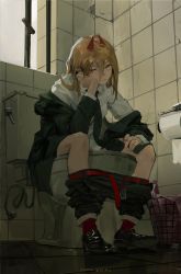Rule 34 | 1girl, absurdres, belt, blonde hair, chainsaw man, cigarette, clothes pull, hair between eyes, highres, holding, holding cigarette, horns, jacket, long hair, looking at viewer, necktie, off shoulder, orange eyes, pants, pants pull, power (chainsaw man), sitting, solo, suit jacket, toilet, toilet paper, toilet use, trash can, xilmo