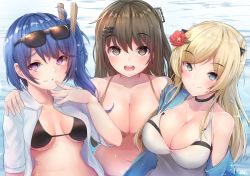 Rule 34 | 3girls, alternate costume, bare shoulders, bikini, black bikini, blonde hair, blue eyes, blue hair, blush, braid, breasts, brown bikini, brown eyes, brown hair, cleavage, clothes pin, collarbone, flower, girls&#039; frontline, grin, hair between eyes, hair flower, hair ornament, hairclip, hibiscus, highres, hiromaster sinta jh, k11 (girls&#039; frontline), k2 (girls&#039; frontline), k5 (girls&#039; frontline), large breasts, long hair, looking at viewer, medium breasts, messy hair, multiple girls, navel, one-piece swimsuit, open mouth, outdoors, purple eyes, side ponytail, sidelocks, signature, smile, stomach, swimsuit, upper body, wading, wet, white one-piece swimsuit
