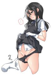 Rule 34 | ..., 10s, 1girl, bad id, bad twitter id, black hair, black panties, black skirt, black vest, blue ribbon, blush, buttons, clothes lift, collared shirt, commentary request, cowboy shot, cropped legs, ebifurya, female pubic hair, gloves, groin, hair between eyes, hair ornament, hairclip, highres, inactive account, kantai collection, lifting own clothes, long hair, navel, neck ribbon, open mouth, oyashio (kancolle), panties, panty pull, pleated skirt, pubic hair, pulling another&#039;s clothes, ribbon, shirt, short sleeves, sidelocks, simple background, skirt, skirt lift, sleeveless, solo focus, spoken ellipsis, stomach, sweat, tears, underwear, vest, white background, white gloves, white shirt, yellow eyes