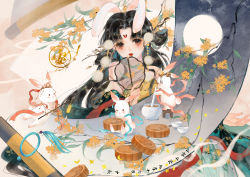 Rule 34 | 1girl, absurdres, anan ya, animal ears, bare shoulders, black hair, bowl, branch, cup, expressionless, facial mark, flower, forehead mark, hair ornament, hair rings, hand fan, highres, holding, holding fan, long hair, mixing, moon, mooncake, original, pom pom (clothes), pom pom hair ornament, rabbit, rabbit ears, scroll, solo, tattoo