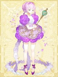 Rule 34 | 1girl, :|, ankle wrap, back bow, bloomers, blue eyes, bow, chain paradox, closed mouth, double-parted bangs, dress, expressionless, falling petals, floral dress, floral print, flower, full body, hair bun, hair ribbon, holding, holding wand, kao o0, looking at viewer, multicolored clothes, multicolored dress, petals, pink dress, pink hair, pink ribbon, puffy short sleeves, puffy sleeves, purple bloomers, purple bow, purple dress, purple flower, purple footwear, purple rose, ribbon, rose, rose print, shoes, short sleeves, sidelocks, single hair bun, solo, standing, underwear, violette rossel, wand, white bow, yellow background