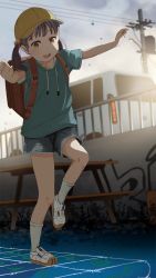 Rule 34 | 1girl, arms up, backpack, bag, blue hoodie, brown eyes, casual, clip studio paint (medium), cloud, cloudy sky, commentary request, denim, denim shorts, drawstring, fence, forehead, full body, hat, highres, hood, hood down, hoodie, lamp, leg up, long hair, looking at viewer, motor vehicle, open mouth, original, outstretched arms, randoseru, russian commentary, servachok, shoes, short sleeves, short twintails, shorts, sky, smile, sneakers, socks, solo, spread arms, teeth, twintails, upper teeth only, utility pole, van, white footwear, white socks, yellow hat