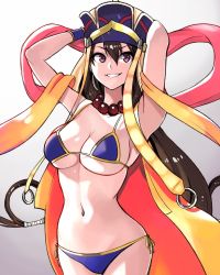 Rule 34 | 1girl, absurdres, arms behind head, bead necklace, beads, bikini, black hair, blue bikini, breasts, cape, earrings, fate/grand order, fate (series), grin, hat, highres, hoop earrings, jewelry, large breasts, long hair, looking at viewer, navel, necklace, onaka (pixiv11820960), prayer beads, purple eyes, side-tie bikini bottom, smile, solo, swimsuit, very long hair, xuangzang sanzang (fate)