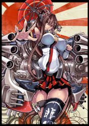 Rule 34 | 10s, 1girl, breasts, bridal garter, brown hair, bullet, cannon, covered erect nipples, crossed legs, detached sleeves, from below, headgear, highres, kanji, kantai collection, large breasts, lips, long hair, microskirt, mugenshiki, outstretched arm, outstretched hand, personification, ponytail, red eyes, skirt, smile, solo, standing, thighhighs, turret, umbrella, very long hair, weapon, yamato (kancolle)