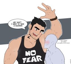 Rule 34 | 2boys, bara, beard stubble, black hair, black tank top, blush, butyrumb, clothes writing, english text, face in armpit, faceless, faceless male, facial hair, highres, huge eyebrows, large pectorals, lucas lee, male focus, multiple boys, muscular, muscular male, pectoral cleavage, pectorals, scott pilgrim (series), scott pilgrim takes off, shirt, short hair, short sleeves, smell, smelling armpit, smile, solo focus, speech bubble, stubble, sweat, t-shirt, tank top, tight clothes, tight shirt, upper body, wavy mouth, yaoi