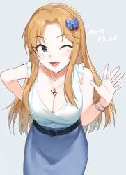 Rule 34 | 1girl, 2019, ;d, belt, belt buckle, black belt, blonde hair, blue bow, blue eyes, blue skirt, bow, bracelet, breasts, buckle, cleavage, cowboy shot, dated, grey background, hair bow, hair intakes, hand on own hip, heart, heart necklace, highres, idolmaster, idolmaster cinderella girls, jewelry, large breasts, long hair, looking at viewer, matsumoto sarina, necklace, onao, one eye closed, open mouth, pencil skirt, shirt, simple background, skirt, sleeveless, sleeveless shirt, smile, solo, standing, very long hair, white shirt