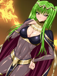 Rule 34 | 1girl, bad id, bad pixiv id, blush, bodysuit, breasts, bridal gauntlets, c.c., cape, circlet, cleavage, code geass, cosplay, covered navel, dark mage (fire emblem awakening), fire emblem, fire emblem awakening, green hair, hand on own hip, highres, hime cut, large breasts, latex, light smile, loincloth, long hair, nintendo, pelvic curtain, see-through, sen (sansui), skin tight, solo, tharja (cosplay), tharja (fire emblem), thighs, wide hips, yellow eyes