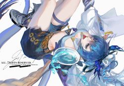 Rule 34 | 1girl, absurdres, arknights, black gloves, blue eyes, blue hair, braid, breasts, caomeiguojiangxiaomianbao, coat, female focus, gloves, highres, holding, horns, jewelry, ling (arknights), long hair, looking at viewer, open clothes, open coat, pointy ears, shorts, solo, tail, tongue, tongue out, very long hair