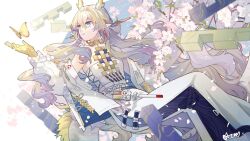 Rule 34 | 1girl, arknights, blonde hair, blue eyes, blue hair, bug, butterfly, chinese commentary, colored skin, commentary request, dragon girl, dragon horns, dragon tail, earrings, feet out of frame, flower, hair ornament, hairpin, highres, horns, insect, jacket, jewelry, looking to the side, multicolored hair, necklace, pants, pink flower, pointy ears, puyue, shirt, shu (arknights), signature, solo, tail, tassel, tassel earrings, white jacket, white pants, white shirt, yellow butterfly, yellow skin