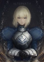 Rule 34 | 1girl, armor, armored dress, artoria pendragon (all), artoria pendragon (fate), black background, black gloves, blonde hair, blue dress, braid, breastplate, closed mouth, commentary request, dress, fate/stay night, fate (series), gauntlets, gloves, green eyes, hair between eyes, hands on hilt, highres, juliet sleeves, long sleeves, looking at viewer, marumoru, own hands together, puffy sleeves, saber (fate), upper body