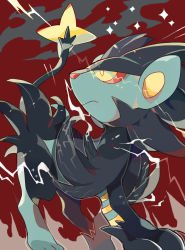 Rule 34 | akadako, animal focus, closed mouth, colored sclera, creatures (company), electricity, full body, game freak, gen 4 pokemon, highres, looking to the side, looking up, luxray, nintendo, no humans, one-hour drawing challenge, pokemon, pokemon (creature), red background, red sclera, solo, sparkle, standing, yellow eyes