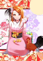 Rule 34 | 1girl, arm at side, bird, brown eyes, brown hair, chick, chicken, chinese zodiac, daika (cheshire777777), floral background, flower, hair flower, hair ornament, hairband, highres, idolmaster, idolmaster (classic), japanese clothes, kimono, long hair, looking at viewer, minase iori, multicolored background, obi, pink kimono, rooster, sash, seiza, sitting, sleeves past wrists, smile, solo, swept bangs, wide sleeves, year of the rooster