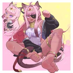 Rule 34 | 1girl, animal ear fluff, animal ears, anklet, armlet, barefoot, blunt bangs, blush, bodysuit, cat ears, cat girl, cat tail, chibi, chibi inset, circlet, commission, covered navel, dark-skinned female, dark skin, earrings, egyptian, egyptian art, egyptian clothes, extra ears, eyepatch, feet, foot focus, foreshortening, gold, gold earrings, gold hairband, hair ornament, hairband, halo, hieroglyphics, highres, indie virtual youtuber, isuress (vtuber), jewelry, legs, leotard, long hair, looking at viewer, nail polish, no shoes, omkuros, on floor, paw pose, pink eyes, pink hair, pink tail, pointy ears, presenting foot, ringed eyes, sharp toenails, sitting, skin tight, soles, solo, spread toes, tail, tail ornament, tiara, toe scrunch, toenail polish, toenails, toes, twitter username, usekh collar, virtual youtuber, watermark, white background, white leotard