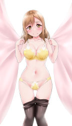 Rule 34 | 1girl, bare arms, black pantyhose, blush, bra, breasts, brown hair, cleavage, clothes pull, collarbone, curtains, embarrassed, gluteal fold, hair between eyes, highres, kunikida hanamaru, lace, lace-trimmed bra, lace-trimmed panties, lace trim, large breasts, long hair, looking at viewer, love live!, love live! sunshine!!, navel, panties, pantyhose, pantyhose pull, see-through, simple background, sleeveless, solo, thigh gap, thighband pantyhose, underwear, white background, yellow bra, yellow eyes, yellow panties, yopparai oni