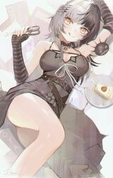 Rule 34 | 1girl, :q, arm up, belt, black choker, black dress, black hair, blunt bangs, breasts, cake, choker, cleavage, dress, drowzzi, eyebrows hidden by hair, facing viewer, feet out of frame, food, from above, hair ornament, highres, holding, holding scissors, hololive, hololive english, long hair, looking to the side, lying, medium breasts, multicolored hair, on back, scissors, shiori novella, shiori novella (1st costume), signature, sleeveless, sleeveless dress, solo, spaghetti strap, split-color hair, striped arm warmers, thighs, tongue, tongue out, two-tone hair, virtual youtuber, white hair, yellow eyes, yorick (shiori novella)