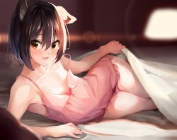 Rule 34 | 1girl, :d, animal ear fluff, animal ears, bare arms, bare shoulders, bed, bed invitation, black hair, blurry, blurry foreground, blush, bow, brown eyes, cat ears, collarbone, commentary, depth of field, dress, flat chest, frilled dress, frills, hair between eyes, highres, indoors, legs, looking at viewer, lying, maeshimashi, open mouth, original, pink dress, pointy ears, red bow, short hair, sleeveless, sleeveless dress, smile, solo, sweat, thighs, tongue, under covers