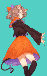 Rule 34 | 1girl, animal ear fluff, animal ears, aqua background, belt, black shirt, black skirt, bow, brown hair, capelet, curly hair, fifuth, frilled capelet, frills, highres, light frown, long sleeves, looking to the side, medium hair, neck ribbon, orange capelet, orange skirt, original, parted lips, pointy ears, purple bow, purple eyes, purple ribbon, purple skirt, ribbon, shirt, simple background, skirt, solo, standing, tail, tail bow, tail ornament, thighs, two-tone skirt