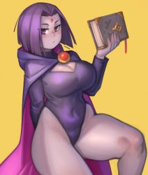 Rule 34 | 1girl, blush, book, breasts, cape, cleavage, cleavage cutout, closed mouth, clothing cutout, colored skin, commentary, covered navel, dc comics, english commentary, fingernails, forehead jewel, grey skin, highres, holding, holding book, hood, hooded cape, kelvin hiu, large breasts, leotard, long sleeves, looking at viewer, medium hair, pink eyes, purple cape, purple hair, raven (dc), simple background, solo, teen titans, thick thighs, thighs, yellow background