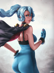 Rule 34 | 1girl, ass, bare shoulders, blue eyes, blue hair, bodysuit, breasts, cape, clair (pokemon), creatures (company), from behind, game freak, gloves, highres, leotard, long hair, looking at viewer, looking back, medium breasts, mootium, nintendo, parted lips, poke ball, pokemon, pokemon hgss, ponytail, sideboob, skin tight, smile, solo