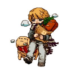 Rule 34 | 10s, 1boy, bag, blonde hair, blue eyes, blue jacket, bomber jacket, bread, chibi, cold, denim, dog, food, groceries, jacket, jeans, john (tiger &amp; bunny), keith goodman, charm (object), male focus, pants, s3consent, scarf, shoes, short hair, sky high (tiger &amp; bunny), sneakers, solo, tiger &amp; bunny