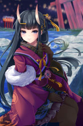 Rule 34 | 1girl, azur lane, black gloves, black hair, black pantyhose, black skirt, blurry, blurry background, closed mouth, commentary request, depth of field, feet out of frame, frilled skirt, frills, gloves, hair ornament, hairclip, hand up, highres, horns, japanese clothes, kimono, long hair, long sleeves, looking at viewer, noshiro (azur lane), oni, oni horns, pantyhose, purple eyes, purple kimono, sitting, skirt, smile, solo, very long hair, water, wide sleeves, x hair ornament, yumibakama meme