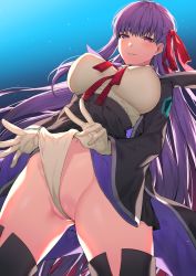 Rule 34 | 1girl, bb (fate), bb (fate/extra), black coat, black skirt, blue background, blush, breasts, coat, fate/extra, fate/extra ccc, fate (series), frontal wedgie, gloves, gradient background, hair ribbon, high-waist skirt, highres, itohana, large breasts, leotard, leotard pull, long hair, long sleeves, looking at viewer, neck ribbon, parted lips, popped collar, purple eyes, purple hair, red ribbon, ribbon, self wedgie, skirt, smile, solo, thighs, very long hair, wedgie, white gloves, white leotard, wide sleeves