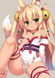 Rule 34 | 1girl, absurdres, animal ear fluff, animal ears, arm garter, bare shoulders, bell, bikini tan, blonde hair, blush, breasts, eyebrows, fox ears, fox girl, fox tail, green eyes, hair bell, hair between eyes, hair ornament, hair ribbon, highres, japanese clothes, jewelry, jingle bell, kimono, long hair, long sleeves, looking at viewer, necklace, obi, off shoulder, original, panties, pantyshot, red ribbon, ribbon, sash, sitting, small breasts, solo, tail, tan, tanline, triangle mouth, two side up, underwear, white kimono, white panties, wide sleeves, yuzu modoki