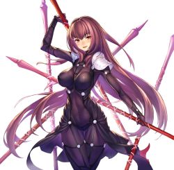 Rule 34 | 1girl, bodysuit, breasts, covered erect nipples, covered navel, fate/grand order, fate (series), long hair, looking at viewer, open mouth, polearm, purple hair, red eyes, scathach (fate), shoulder pads, smile, solo, spear, takamine nadare, very long hair, weapon