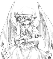 Rule 34 | 1girl, azuki (azuki-taste), covering one eye, greyscale, hat, looking at viewer, monochrome, remilia scarlet, short hair, simple background, solo, touhou, white background, wings