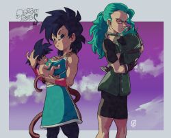 Rule 34 | 2boys, 2girls, aged down, alternate breast size, armor, artist request, baby, black hair, breastplate, breasts, carrying, cleavage cutout, clothing cutout, dragon ball, dragon ball super, gine, granolah (dragon ball), green hair, heterochromia, highres, lips, long hair, mother and daughter, muezli, multiple boys, multiple girls, no humans, ponytail, shorts, simple background, sky, smile, son goku, tail, upper body