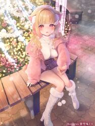 Rule 34 | 1girl, animal ear fluff, animal ears, bench, between breasts, blush, boots, breasts, breath, cat ears, cat girl, christmas, christmas ornaments, grin, high heel boots, high heels, highres, jacket, kemomimi refle!, knee boots, kuyukian3, large breasts, long hair, looking at viewer, miniskirt, mole, mole under eye, nekoma karin, open clothes, open jacket, outdoors, pink jacket, pink ribbon, pom pom (clothes), red eyes, ribbon, second-party source, sitting, skirt, smile, snowing, solo, strap between breasts, sweat, sweater, virtual youtuber, white footwear, white sweater, wing hair ornament