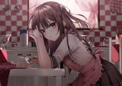 Rule 34 | 1girl, absurdres, apron, blush, brown hair, food, frilled apron, frills, hair ornament, hairpin, head rest, highres, indoors, light particles, long hair, original, pink eyes, school uniform, sidelocks, skirt, sleeves rolled up, solo, trtrpnk