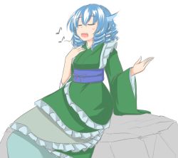 Rule 34 | 1girl, :d, blue hair, closed eyes, drill hair, fins, ganmaganmo, head fins, japanese clothes, kimono, mermaid, monster girl, music, musical note, obi, open mouth, quaver, sash, simple background, singing, smile, solo, teeth, touhou, u u, wakasagihime