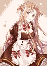 Rule 34 | 1girl, alternate costume, apron, arms behind back, asuna (sao), asymmetrical bangs, bow, bowtie, box, braid, brown dress, brown eyes, brown hair, candy, chocolate, chocolate heart, closed mouth, commentary request, detached collar, dress, enmaided, food, french braid, frilled apron, frills, heart, heart-shaped box, highres, holding, holding box, istriri, juliet sleeves, long hair, long sleeves, looking at viewer, maid, maid apron, maid headdress, pink ribbon, puffy sleeves, red bow, red brooch, ribbon, short ponytail, simple background, smile, solo, striped bow, striped clothes, striped dress, sword art online, twitter username, two-tone background, valentine, white apron